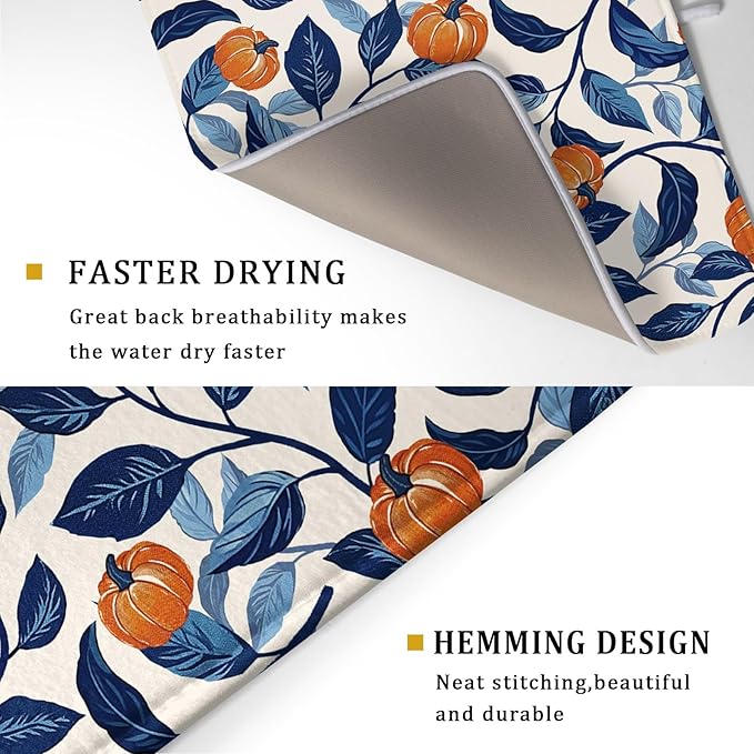 Autumn Pumpkin Dish Drying Mat for Kitchen Counter 18x24 Inch Blue and Orange Fall Thanksgiving Leaf Absorbent Reversible Microfiber Dish Drainer Rack Mats Countertops Protector Mat
