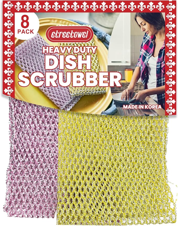 Long Duty Dish Scrubber (8PCs) Non Scratch Scourer Cloth Pads and Pot Scrubbers Netted Wash - Replace Kitchen Sponges for Dishwashing No Odor dishwash Durable Pan Cleaner