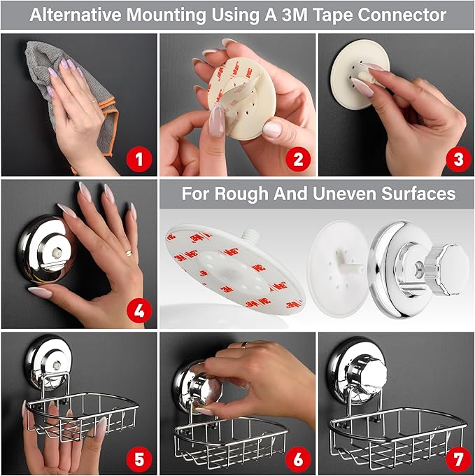HASKO Suction Cup Soap Dish for Shower Wall, Rustproof Stainless Steel Shower Soap Holder for Bathroom with Hooks and Soap Saver, Includes Optional No Drill Adhesive Mount, Silver