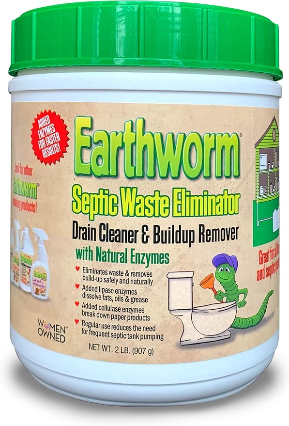 Earthworm Septic Waste Eliminator - 2lb Powder for Cleaning Septic Tanks and Drains, Added Lipase to Dissolve Fats, Added Cellulase to Break Down Paper, Cleans System with No Caustic Chemicals