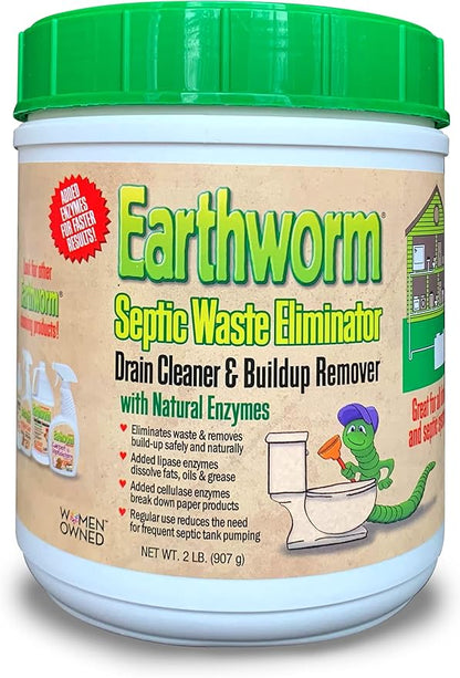 Earthworm Septic Waste Eliminator - 2lb Powder for Cleaning Septic Tanks and Drains, Added Lipase to Dissolve Fats, Added Cellulase to Break Down Paper, Cleans System with No Caustic Chemicals