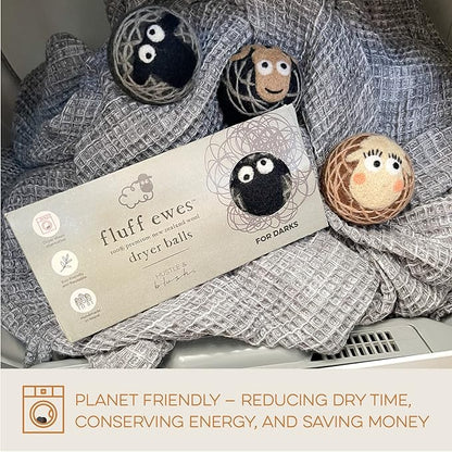 Hustle & Blush Fluff Ewes Wool Dryer Balls 3 Pack - Extra Large Darks Premium Hand Needled New Zealand Laundry Set, Reduces Drying Time, Static Control, Chemical Free Reusable for Essential Oils