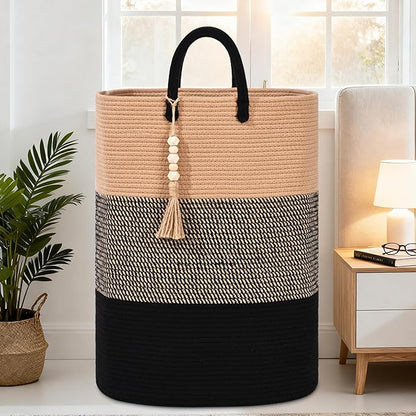 Woven Laundry Basket for Clothes, 50 L Large Rectangle Laundry Hampers with Beads Tassel, Nursery Storage Basket for Toys, Tall Dirty Clothes Hamper for Bedroom Aesthetic, Laundry Room Organization
