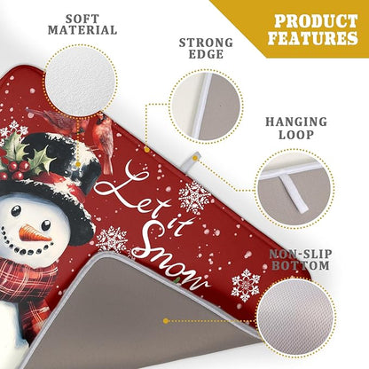 Winter Snowflake Red Dish Drying Mat for Kitchen Counter,Xmas Trees Snowman Cardinal Bird Drying Mat 18 x 24 Inch with High Absorbent Microfiber Drainer Mat for Coffee Bar