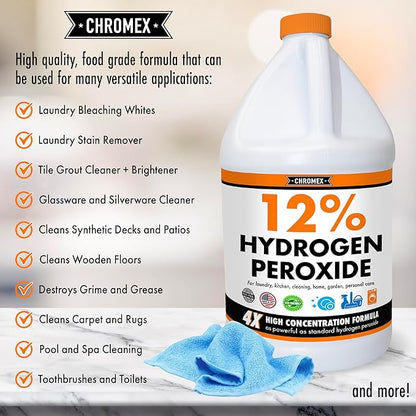 Chromex Hydrogen Peroxide 12 Percent Food Grade, 4X Power Concentrated Solution, Dilutes to 4 Gallons, Versatile Uses Include Topical Care, Home, Kitchen, Bath Cleaner, Laundry, Whitening, 1 Gallon
