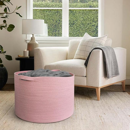 115L Oversized Pink Basket, 23.6"x15.7" Woven Cotton Rope Bin with Handles, XXXL Blanket Storage for Living Room, Kids Toy Storage Bin Box, Baby Laundry Basket for Organizing, Pink Room Decor