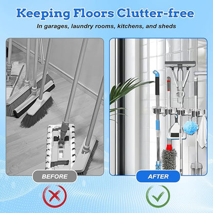 2 Pack Heavy Duty Wall Mount Broom Holder – Stainless Steel with 5 Racks & 4 Hooks Broom Organizer– Self-Adhesive or Screw Mount Mop Holder for Garage, Laundry, Kitchen – Silver