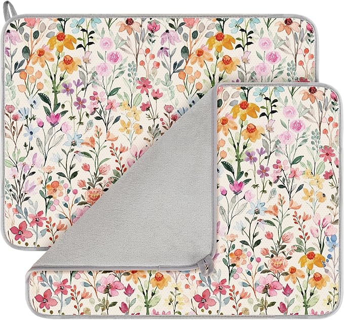 AnyDesign Flower Dish Drying Mat Watercolor Wildflower Floral Absorbent Dish Drainer Protector Pad for Spring Kitchen Countertop Tableware Decor, 18 x 24 Inch