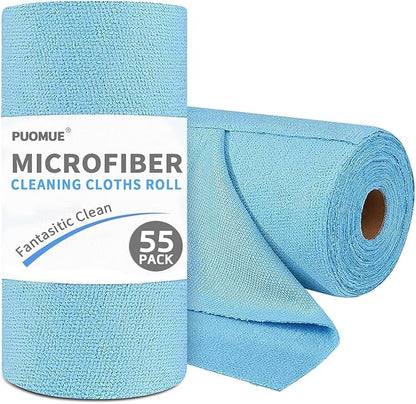 55 Pack Microfiber Cleaning Cloth Roll, Tear Away Reusable Towels, 11" X 9", Ultra Absorbent & Lint Free Microfiber Cloth for Cleaning Cars, Kitchen, Window, Home and Shop, Blue