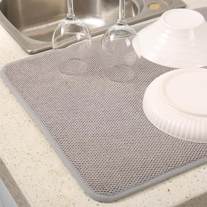2 Pack Microfiber Dish Drying Mat for Kitchen Counter,Ultra Absorbent Dish Drainer Mat ,Dish Drying Pad , Dish Rack Mat 20×15 Inch (Gray)