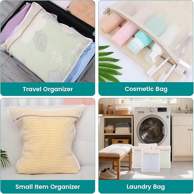 Dntorx 4Pcs Durable Cotton Mesh Laundry Bags for Delicates, 12×16inch Breathable Laundry Mesh Wash Bags with Sturdy Zipper for Delicates, Clothes, Pants, Underwear, Bra, Socks (M)