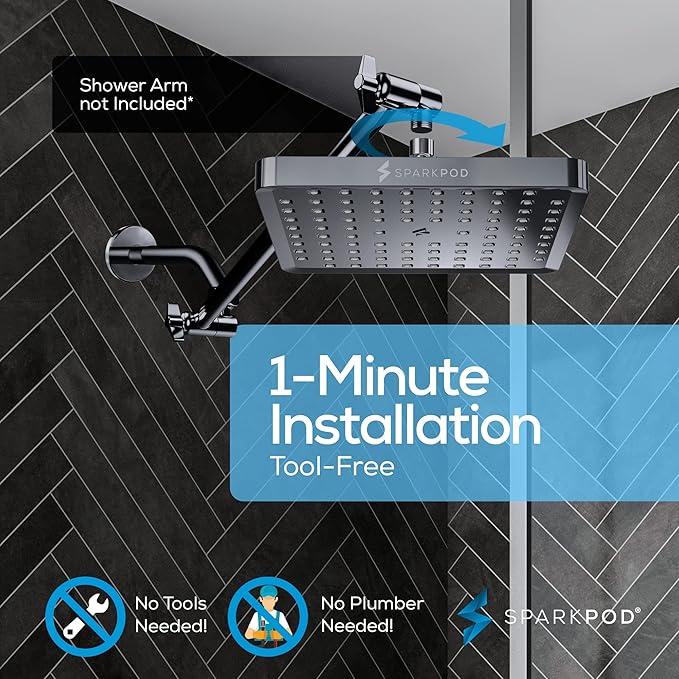 SparkPod Shower Head - High Pressure Rain - Premium Quality Luxury Design - Easy Clean Adjustable Replacement for Your Bathroom Shower Heads (Charcoal Grey, 8 Inch Square)