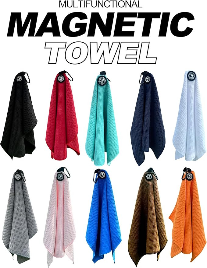 Magnetic Golf Towel with Clip, Microfiber Waffle Design - Industrial Strength Magnet for Strong Hold to Golf Bags, Carts & Clubs - Black