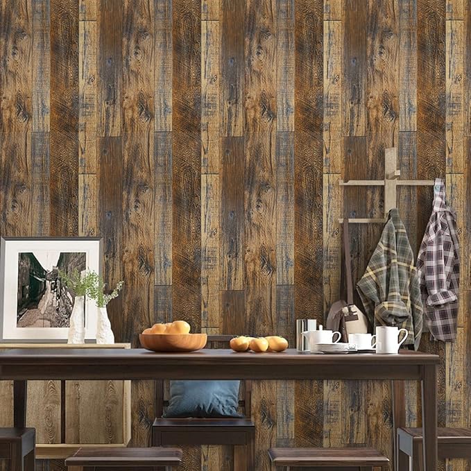 Livebor Brown Wood Contact Paper Peel and Stick Wallpaper 17.5" X 196.8" Rustic Wood Peel and Stick Faux Wood Wall Paper Plank Self Adhesive Contact Paper for Wall Decorative Cabinets Shelf Liner Use