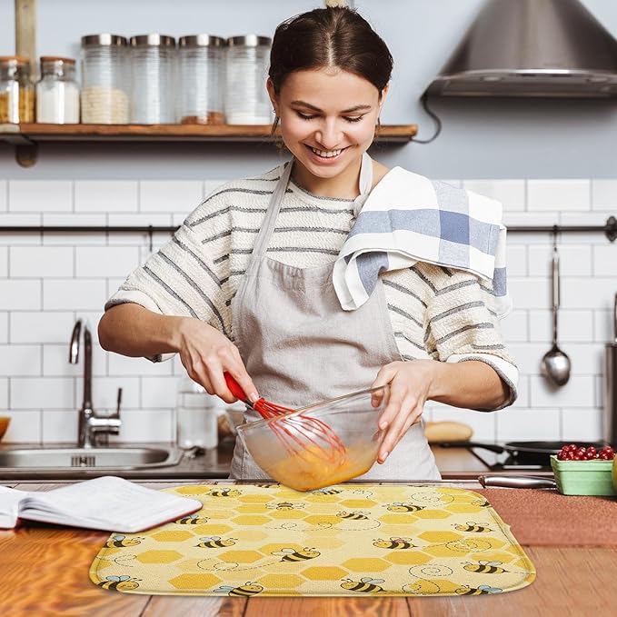 Sanwarm Absorbent Dish Drying Mat, Honey Baby Cute Yellow Bees Microfiber Pad for Kitchen Counter, Coffee Bar Decor, Heat Resistant and Reversible, 16" x 18"
