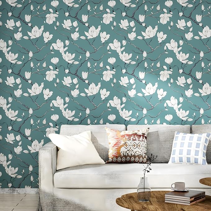 Laatse Vintage Floral Wallpaper Peel and Stick Blue Floral Contact Paper for Bedroom Waterproof Self Adhesive Boho Leaf Modern Wall Paper for Cabinets Locker Walls Bookcase Decor 17.5" X 393"