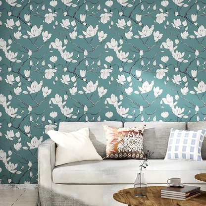Laatse Vintage Floral Wallpaper Peel and Stick Blue Floral Contact Paper for Bedroom Waterproof Self Adhesive Boho Leaf Modern Wall Paper for Cabinets Locker Walls Bookcase Decor 17.5" X 393"