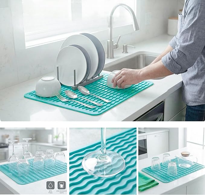 MicoYang Silicone Dish Drying Mat for Multiple Usage,Easy clean,Eco-friendly,Heat-resistant Silicone Mat for Kitchen Counter or Sink,Refrigerator or drawer liner Mint L 16 inches x 12 inches