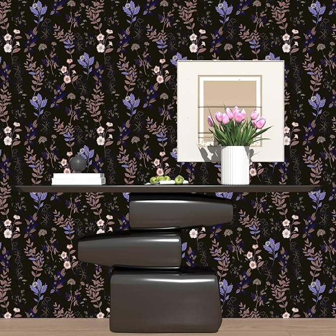 Fvlow Black Floral Wallpaper Peel and Stick Purple Leaf Contact Paper 17.4" X 118" Moody Dark Wallpaper Waterproof Self-Adhesive Vintage Wall Covering for Bedroom Countertop Desk Cabinets Decor