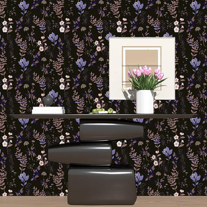 Fvlow Black Floral Wallpaper Peel and Stick Purple Leaf Contact Paper 17.4" X 118" Moody Dark Wallpaper Waterproof Self-Adhesive Vintage Wall Covering for Bedroom Countertop Desk Cabinets Decor