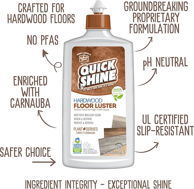 Quick Shine Hardwood Floor Clean + Polish Mop Kit w/ 3 Reusable Pads & 1-16 oz. Floor Luster w/Plant-Derived Carnauba | Use Wet + Dry | Safer Choice pH Neutral Ready to Use Formula