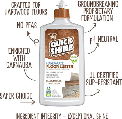 Quick Shine Hardwood Floor Clean + Polish Mop Kit w/ 3 Reusable Pads & 1-16 oz. Floor Luster w/Plant-Derived Carnauba | Use Wet + Dry | Safer Choice pH Neutral Ready to Use Formula