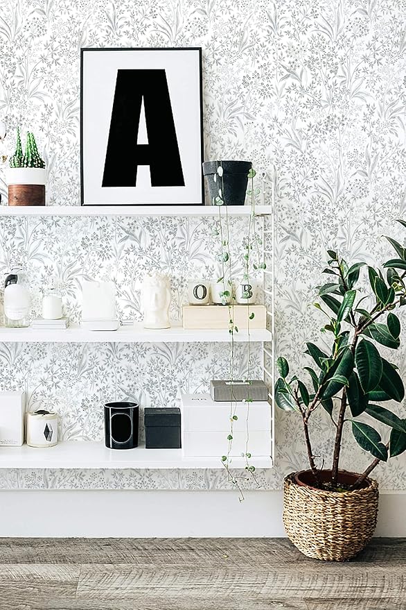 Heroad Grey Peel and Stick Wallpaper Boho Floral Contact Paper Leaf Wall Paper Removable Self Adhesive Wallpaper Stick on Walls for Cabinet Drawer Liner Waterproof Vinyl Roll 15.5''x236''
