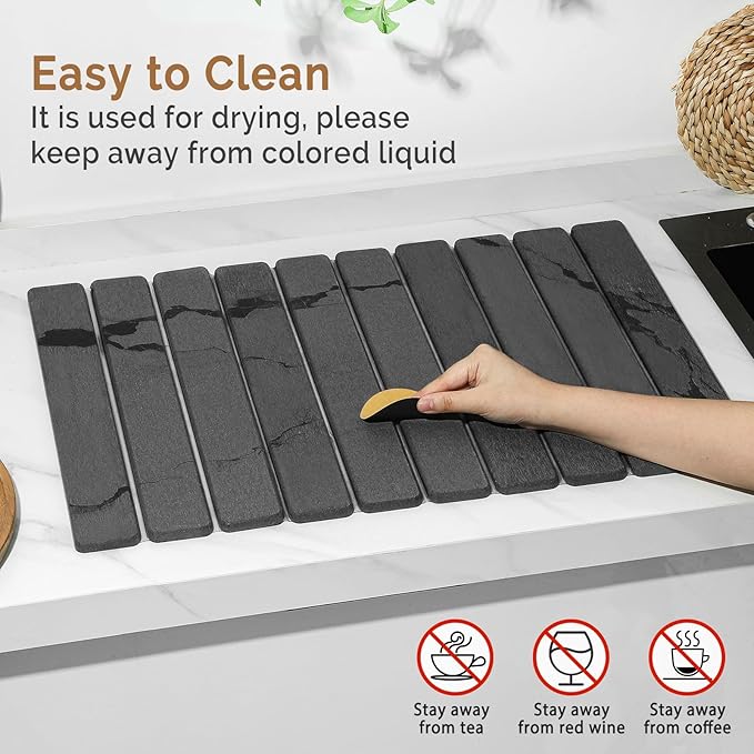 Large Stone Dish Drying Mat for Kitchen Counter, 2PCS Quick Dry Stone Dishes Mat,Foldable Water Absorbing Diatomaceous Drying Organizer Pad for Plates Rack Bottles Utensils(Dark Gray 24"×16" & 8"x4")