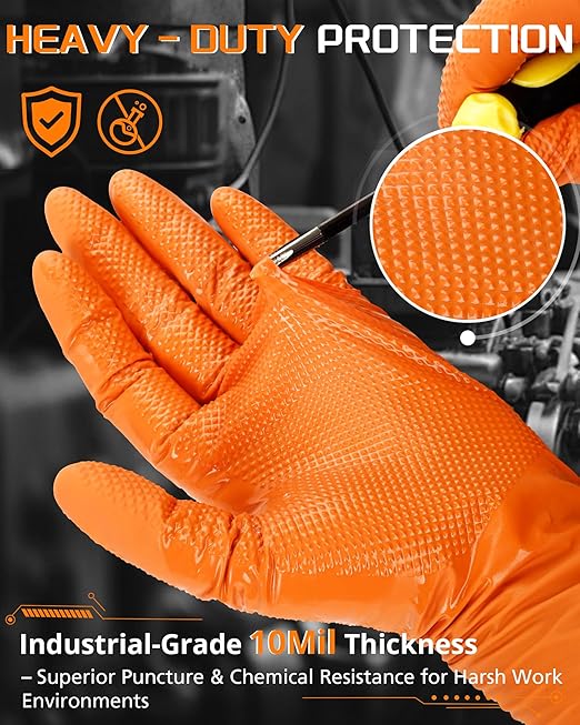 10mil Nitrile-Gloves Disposable-Orange Chemical-Resistant Rubber - Mechanic Gloves Heavy Duty, Latex Free, Diamond Grip (100, X-Large)