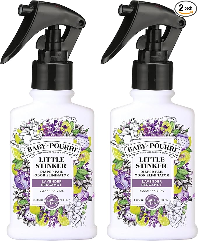 Baby-Pourri Little Stinker Diaper Pail Deodorizer Spray,3.4 Fl Oz,Up to 150 Uses,Odor Freshener with Essential Oils,Nursery Essentials,Lavender,Bergamot,Eucalyptus & Vanilla Scent,(Pack of 2)