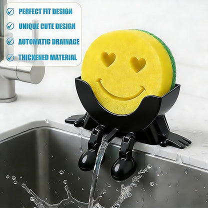 Cute Hanging Sponge Holder with Drainage,3D Printed Kitchen Funny Sponge Stand for Sink,with non-slip pads,Suitable for Scrub Daddy Holder,Keeps Your Sponge Dry Smiling (Black)