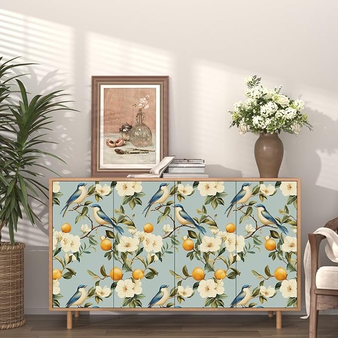 Blue Bird Peel and Stick Wallpaper, Vintage Beige Floral Fruits Contact Paper, Retro Botanical Wall Paper 17.5" x 118" Self Adhesive Removable Waterproof for Bedroom Shelves Cabinet Drawer Table