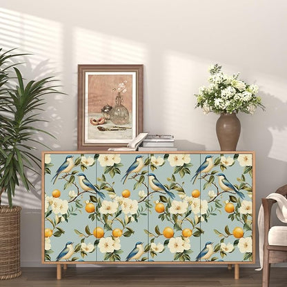 Laatse Birds Wallpaper Peel and Stick, Blue Vintage Floral Fruits Contact Paper 17.5" x 393", Botanical Wall Paper Self Adhesive Removable Waterproof for Bathroom Bedroom Shelf Cabinet Drawer Table