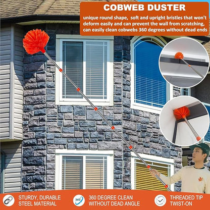 20+ Feet High Reach Dusting Kit, Cobweb Duster & Ceiling Fan Duster with 3-14 ft Extension Pole for Cleaning, Microfiber Feather Duster Cleaner for Cleaning Walls Bookshelves Furniture Door Window