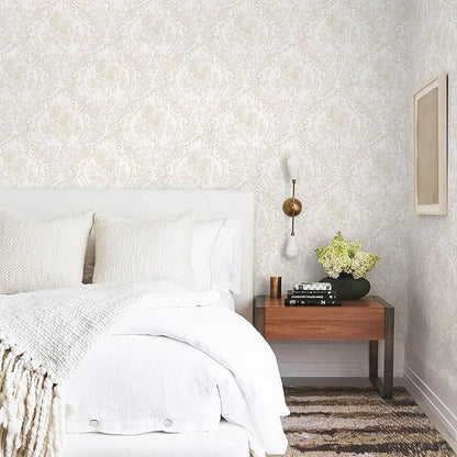 Ismoon Floral Peel and Stick Wallpaper Vintage Beige Contact Paper Boho Watercolor Damask Wall Paper Textured Removable Self Adhesive Vinyl Wallpaper for Cabinet Bedroom Wall Decor, 17.3x196in