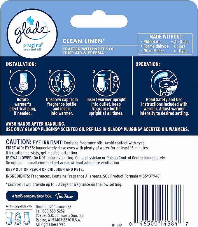 Glade PlugIns Refills Air Freshener, Scented and Essential Oils for Home and Bathroom, Clean Linen, 1.34 Fl Oz, 2 Count