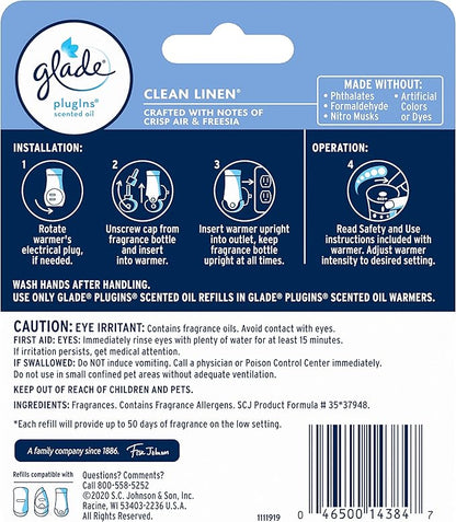Glade PlugIns Refills Air Freshener, Scented and Essential Oils for Home and Bathroom, Clean Linen, 1.34 Fl Oz, 2 Count