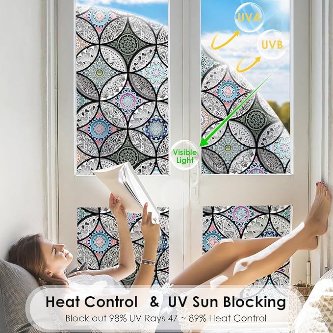 DKTIE Static Cling Decorative Window Film with Installation Tools Non Adhesive Privacy Film Stained Glass Window Film for Bathroom Shower Door Heat Cotrol Anti UV 35.4 x 118.1 Inch