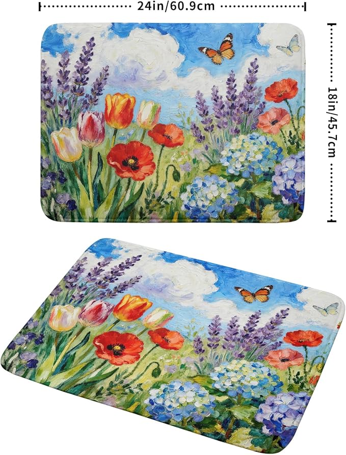 Spring Floral Dish Drying Mat for Kitchen Counter 18x24 Green Purple Blue Flower Butterfly Summer Absorbent Reversible Microfiber Seasonal Drying Mats Kitchen Countertop Protector Dishes Drainer Pad