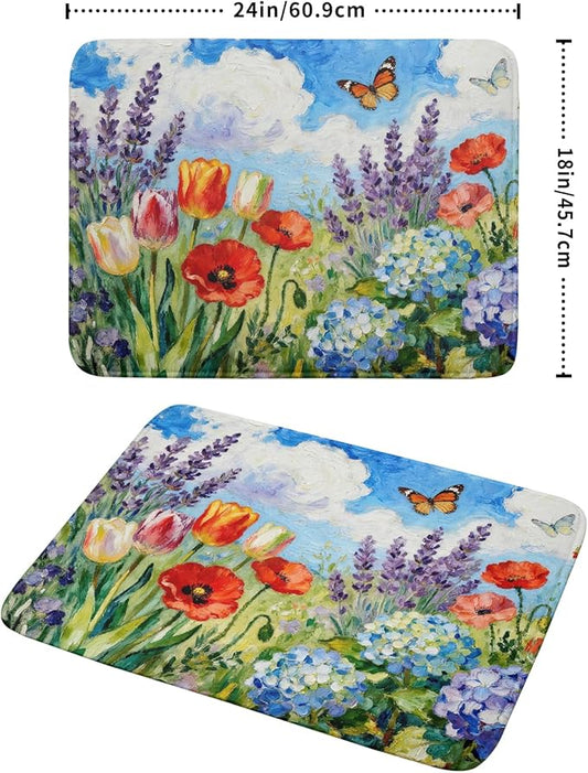 Spring Floral Dish Drying Mat for Kitchen Counter 18x24 Green Purple Blue Flower Butterfly Summer Absorbent Reversible Microfiber Seasonal Drying Mats Kitchen Countertop Protector Dishes Drainer Pad