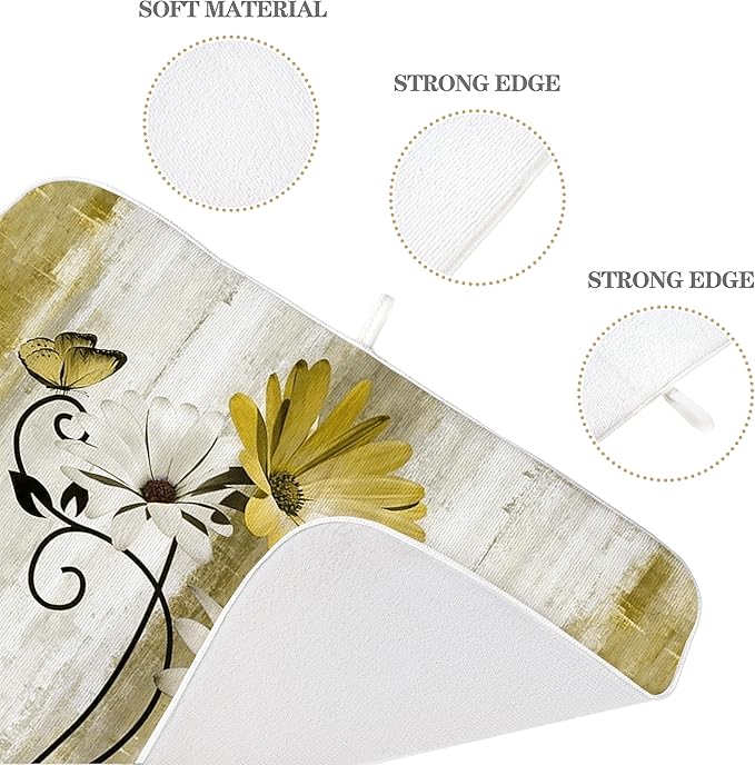 Floral Dish Drying Mat 18x24 Inches For Kitchen Counter Yellow Daisy Flower Kitchen Decoration Drying Mat Modern Decorative Drying Pad For Home Kitchen Decor,Dining Room,Office Decor