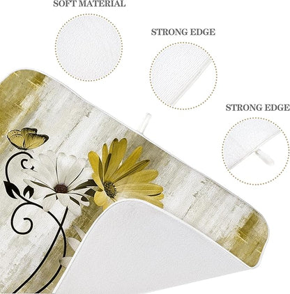 Floral Dish Drying Mat 18x24 Inches For Kitchen Counter Yellow Daisy Flower Kitchen Decoration Drying Mat Modern Decorative Drying Pad For Home Kitchen Decor,Dining Room,Office Decor