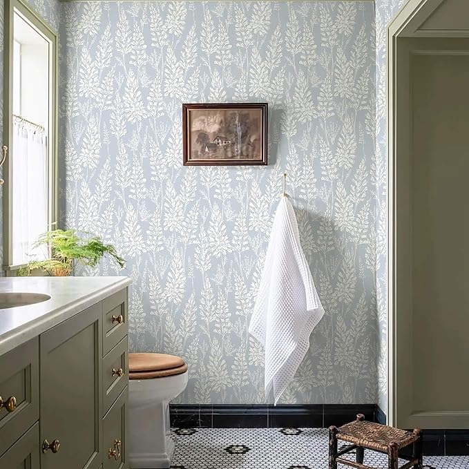 Ismoon Floral Peel and Stick Wallpaper Boho Blue Contact Paper 17.3'' x 197'' Neutral Wallpaper Renter Friendly Removable Self-Adhesive Wall Paper for Bedroom Kitchen Wall Decor Vinyl