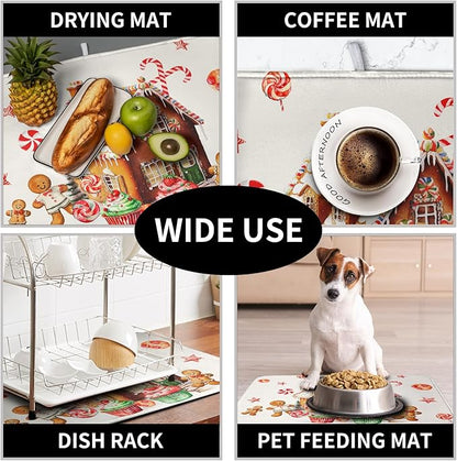 Christmas Gingerbread Man Drying Mat for Kitchen Counter Winter Cute Gingerbread House Candy Cane Cookies Dish Drying Mats Xmas Holiday Dish Drainer Mats Absorbent Reversible Drying Pad 18x24 Inch