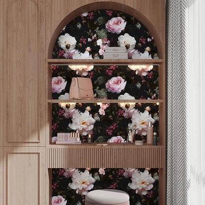 Fvlow Glowing Pink Floral Peel and Stick Wallpaper Vintage Black Wallpaper Vinyl Wrap Kitchen Worktop Covering Vinyl Self Adhesive Leaf Contact Paper for Cabinets Drawers Sticker Decor 17.4" x 118"