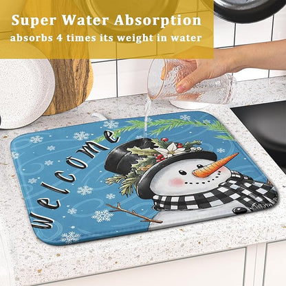 Christmas Snowman Dish Drying Mat for Kitchen Counter 16x18 Blue White Snowflake Welcome Winter Holiday Absorbent Reversible Microfiber Drying Mats Kitchen Countertop Protector Dishes Drainer Rack Pad