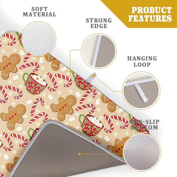 Christmas Gingerbread Man Dish Drying Mat for Kitchen Counter 18x24 Xmas Candy Cane Winter Holiday Theme Absorbent Reversible Microfiber Drying Mats Kitchen Countertop Protector Dishes Drainer Pad