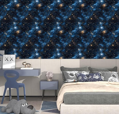 Laatse Blue Starry Peel and Stick Removable Black Sky Contact Paper 17.5in x393.7in, Gold Star Modern Wallpaper Mural Waterproof Self Adhesive for Wall Bedroom Bathroom Kitchen Cabinet Room Decor