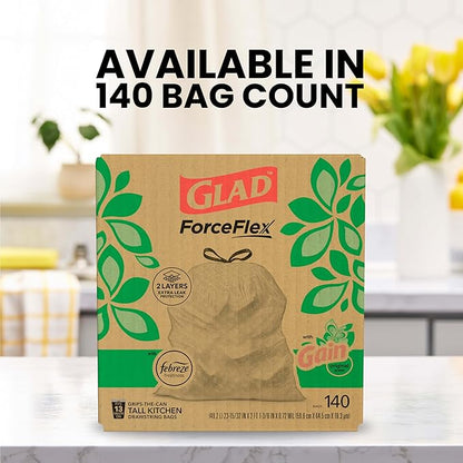 Glad ForceFlex Tall Kitchen Trash Bags,13 Gallon,Gain Original,(Package May Vary),140 Count (Pack of 2)
