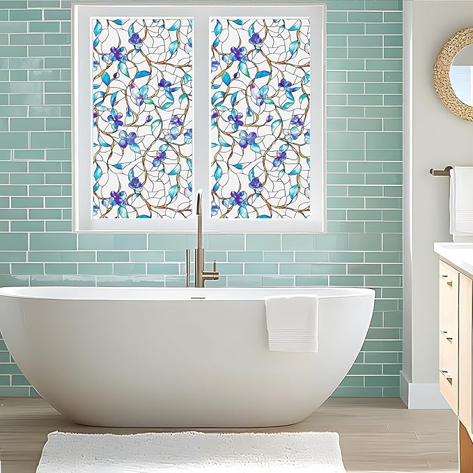 Frosted Glass Window Film, Heat Insulation, UV Block, Anti-Glare, One Way Privacy Tint, Static Cling for Home Bathroom Door, Renter Friendly, Day & Night Privacy